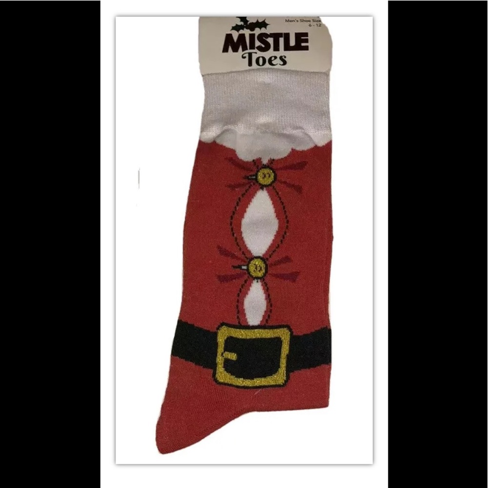 Santa Suit Crew Socks 1 Pair Men 6-12 Red White Black Mistle Toes Christmas NEW!
